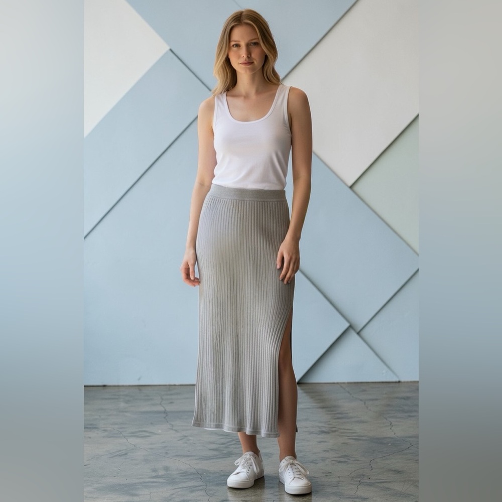 Pact - Sage Green Ribbed Organic Cotton Midi Skirt - XS